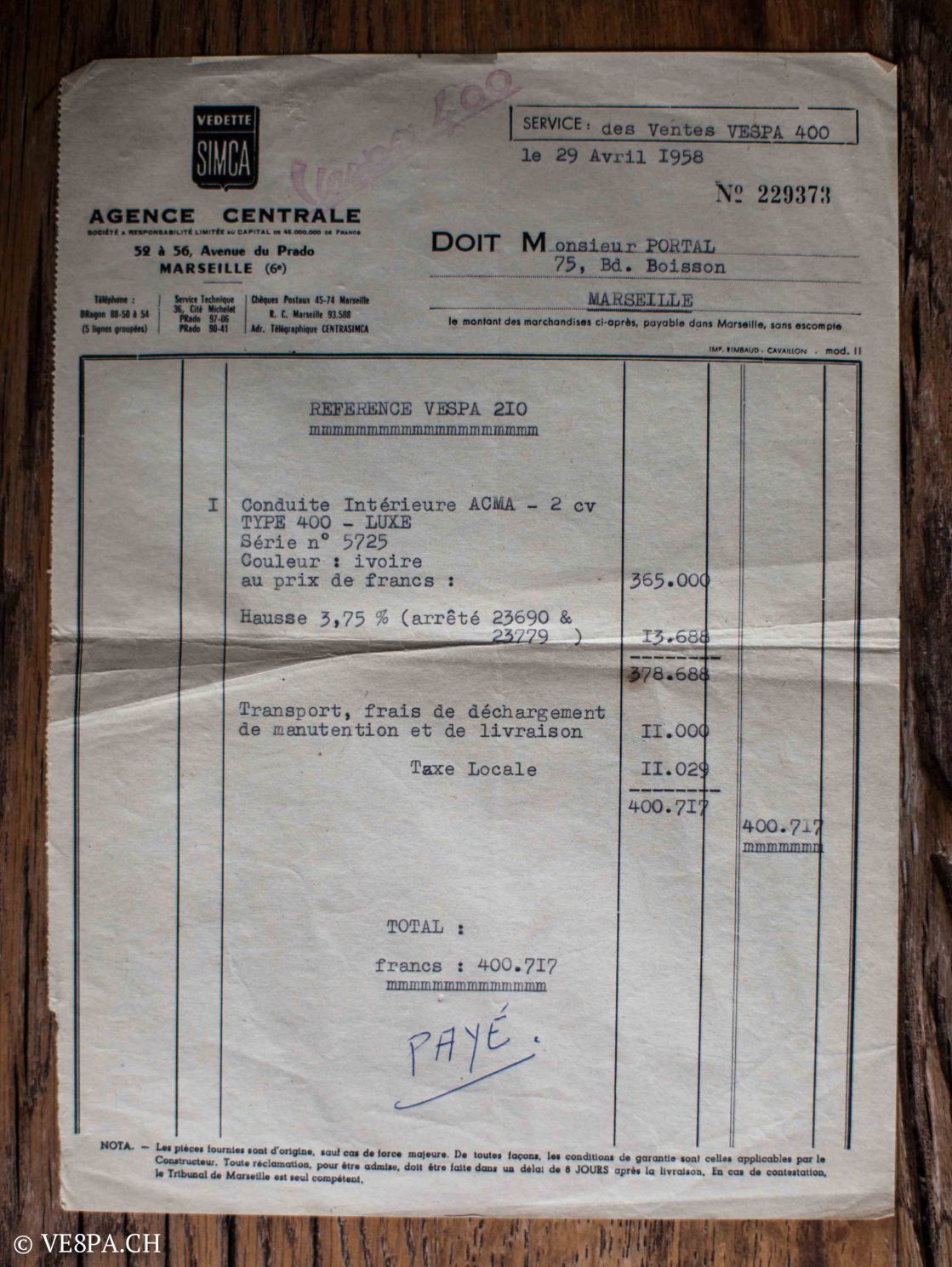 Vespa ACMA 400, 1958, O-Lack, Erstserie, www.VE8PA.CH-79